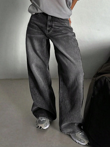 <span class=keywords><strong>Jeans</strong></span> a <span class=keywords><strong>Gamba</strong></span> <span class=keywords><strong>Larga</strong></span> in Spandex/Poliestere Grigio Fumo Lavato Stile Americano Retrò da Donna, Versatili a Vita Alta, Vestibilità Ampia, Asciugatura Rapida - Product Image 4