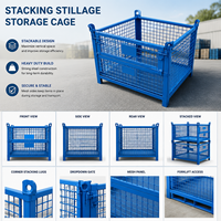 Cage de stockage en fil d'acier robuste OEM, bleue, taille personnalisée, avec loquet de porte basculante et support de levage pour entrepôt et centre de distribution