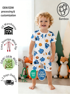 Combinaison pour bébé en fibre de bambou, imprimé monstre, manches courtes, fermeture éclair, douce, respirante, unisexe, printemps-été, 0-24 mois, personnalisable en gros - Product Image 1