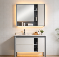 Meuble-lavabo moderne blanc en bois massif avec vasque en céramique, portes en contreplaqué, finition laquée, armoire miroir sur pied