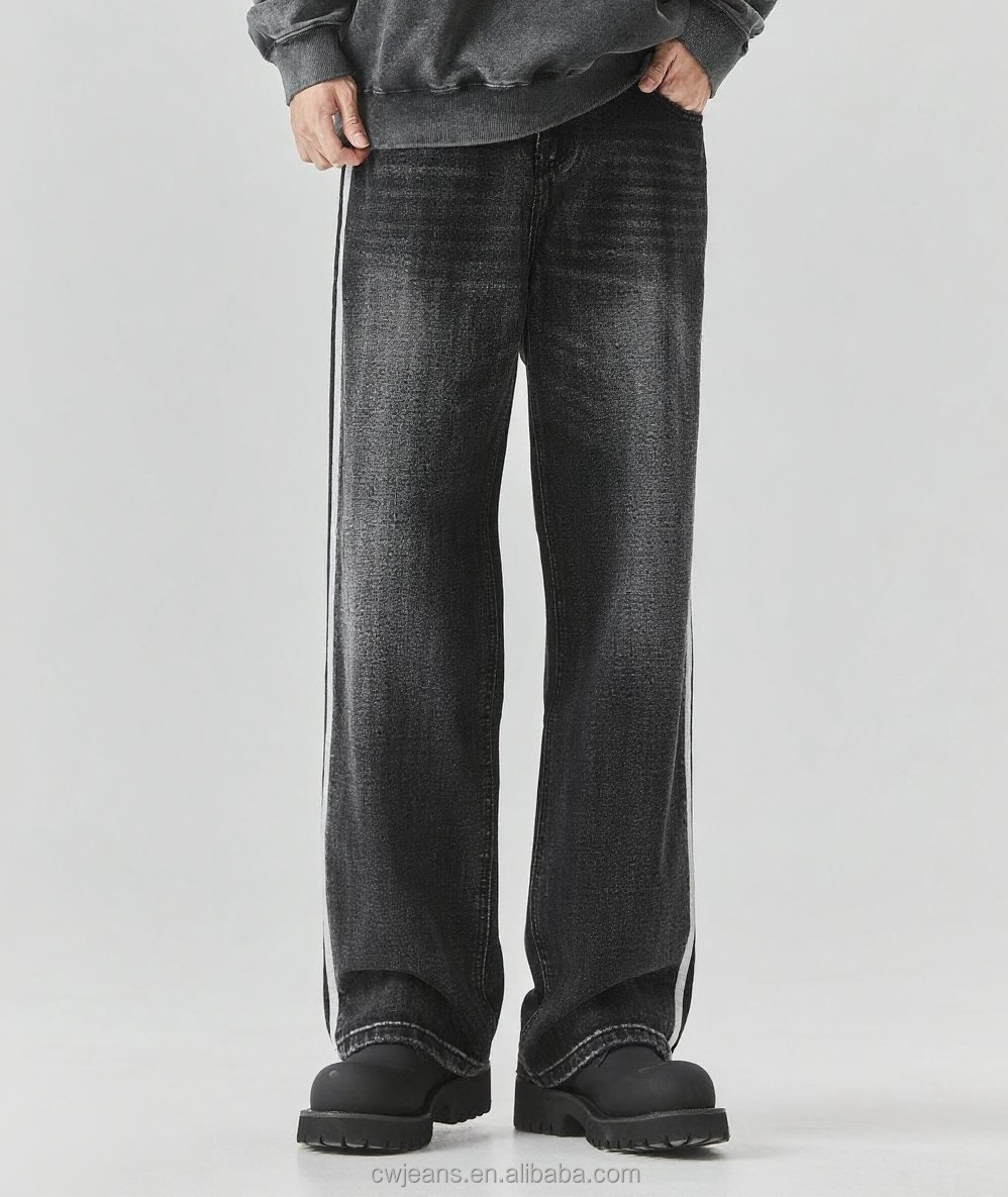 Custom 100% Cotton Straight Fit Baggy Washed Jeans Vintage Strip