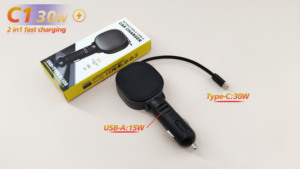 Cargador de Coche C21 con Cable Retráctil Integrado, Puerto <span class=keywords><strong>IOS</strong></span> Tipo-C, PD 3.0, Carga Rápida de 30W, Encendedor de Cigarrillos, Cargador para Vehículo C1 - Product Image 3
