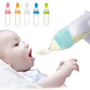 Xh 90Ml Veilige Pasgeboren Peuter Siliconen Baby Peuter Voedingsfles Met Lepel Vers Voedsel Cornflakes Squeeze Feeder