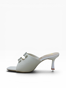 Elegant White Womens Heeled Sandals With Double Buckle Straps Square <b>Toe</b> Slip On High Heel Shoes For Fashion And Party Events - Product Image 4