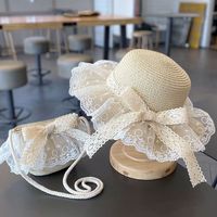Set Topi Jerami Musim Panas untuk Anak Perempuan Yihaoyi dengan Renda Bunga, Dekorasi Pom Pom yang Lucu, Pelindung UV untuk Perjalanan Pantai dan Liburan.