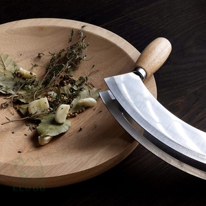 มีดหั่นสมุนไพร Mezzaluna, มีดหั่นสมุนไพรมีดโค้งสแตนเลสสำหรับสมุนไพรเครื่องเทศสมุนไพรพร้อมแผ่นไม้ต้นยาง - Product Image 2