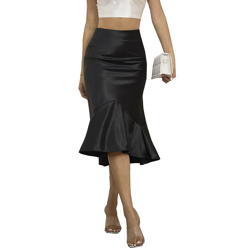 Custom Fashion Women Elegant Casual High Waist Black Satin Fishtail Silky Bodycon Stretchy Mermaid Office Pencil Midi Skirt