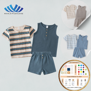 Ensembles 3 Pièces Été 2026 pour Garçons : Gilet et Short en Maille Gaufre, Coton CVC Doux 210 g/m², Tenues Décontractées pour Tout-Petits - Product Image 1