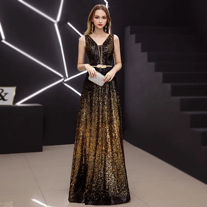 2023 New Arrival Gold Black Slit Neck Sweet Long Bride Party Sleeveless Sequins Prom Dresses Floor-length Evening Dress
