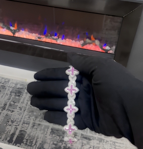 <b>Silver</b> Gold Plated <b>Cross</b> <b>Bracelet</b> Pink Accents Women's Hip Hop Religious Jewelry Lab Grown Brilliant Cut Diamond Filled IGI - Product Image 1
