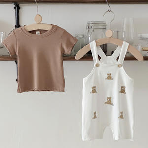 Conjunto de ropa de bebé cómoda de verano de 0 a 18 <span class=keywords><strong>meses</strong></span>, bonita camiseta de Color sólido, mono con estampado de oso de peluche, correa para el hombro, artículo caliente - Product Image 4