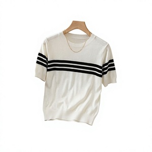 Women's <b>Cream</b> Solid Color Short Sleeve <b>Crop</b> <b>Top</b> Crew Neck Knitted T-Shirt Slim Fit Breathable Spring Summer Minimalist Style - Product Image 5