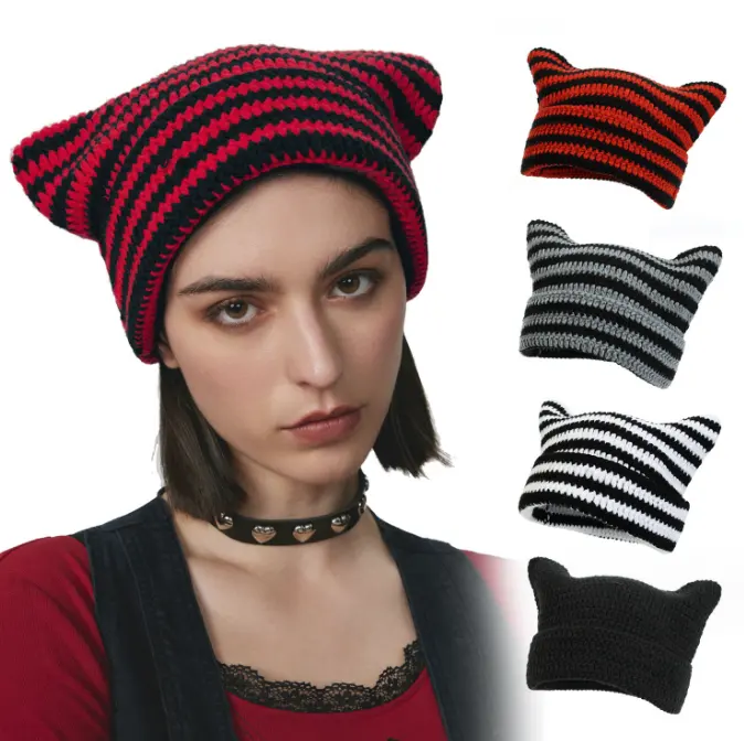 Neue japanische Streetwear Harajuku Mütze Little Devil gestreifte Strick mütze Frauen Mädchen Herbst Winter Süße Katze Ohren Mütze