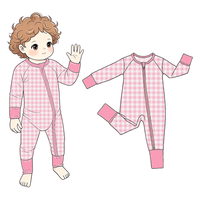 Pyjama bébé en bambou rose à carreaux, barboteuse zippée à manches longues avec fermeture éclair bidirectionnelle, poignets pliables, collection boutique