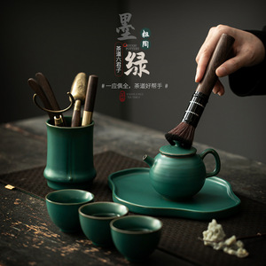 Retro Ceramic Tea Set With Six Essential Tools Dark Green Pottery Tea Ceremony Complete Brewing Kit - Product Image 1