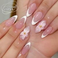 Ongles artificiels en amande faits à la main, fleurs roses 3D avec or, faux ongles brillants réutilisables à bout français pour femmes, ensemble de manucure 24 pièces