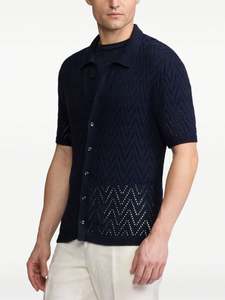 Pull en tricot creux jacquard à manches courtes personnalisé T-shirt polo à boutons pour hommes Pull cardigan - Product Image 3