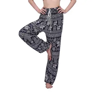 Precio barato de rayón de algodón pescador tailandés boho aladin baggy fit suelta impresión cintura elástica pantalones harem para adultos niños de las mujeres