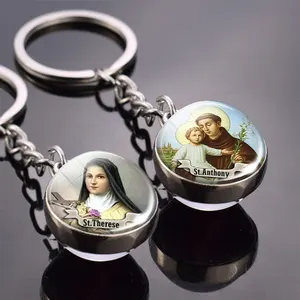 12 Saint Key Chains St Anthony Therese Double Side Glass Cabochon Keychain Religious Jewelry Christian Pendant