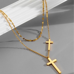 18K PVD Gold Plated Stainless Steel Triple <b>Cross</b> Layered Necklace | Fashion Double <b>Chain</b> Statement Jewelry for Women & <b>Men</b> - Product Image 2