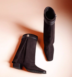 <span class=keywords><strong>Bottes</strong></span> montantes femme automne/hiver à enfiler, talon carré épais, bout pointu, en cuir véritable, rehaussantes, couleur unie - Product Image 2