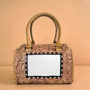 Hand <b>Tooled</b> Cowhide <b>Leather</b> Duffel Bag with Floral Pattern Polyester Lining and Zipper Closure for Women Travel Weekender - Product Image 1