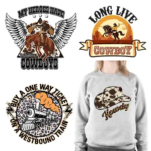 Sıcak satış özel DTF batı vahşi kovboy demir transferler baskı leopar Howdy Logo ısı basın transferi çıkartmalar giysi için