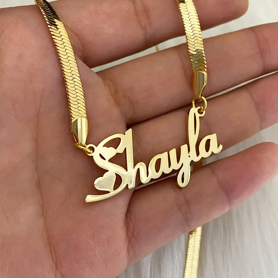 Herringbone 18k Gold Plated Jewelry Stainless Steel Flat Snake Bone Chain Necklace Custom Personalized Name Necklace