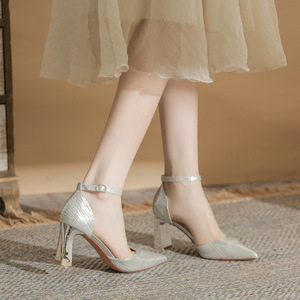 Zapatos de tacón alto con punta en pico y correa en el tobillo, tacón cuadrado, zapatos formales de boda para mujer 7500-5 - Product Image 2