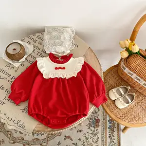 2024 Spring Fashion Design Newborn Baby Kids Girls Red Romper Jumpsuit New Year Gift Clothing Jumpsuit triangle crawl suit