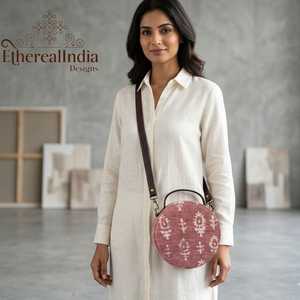 Mauve Round Crossbody Sling Bag Jacquard Circle Purse Adjustable Vegan Leather Strap <b>Boho</b> Bag - Product Image 2