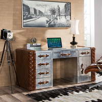 Bureau de direction de luxe personnalisé pour villa industrielle, en cuir véritable, avec plateau en métal et aluminium, rangement intégré, mobilier de bureau à domicile