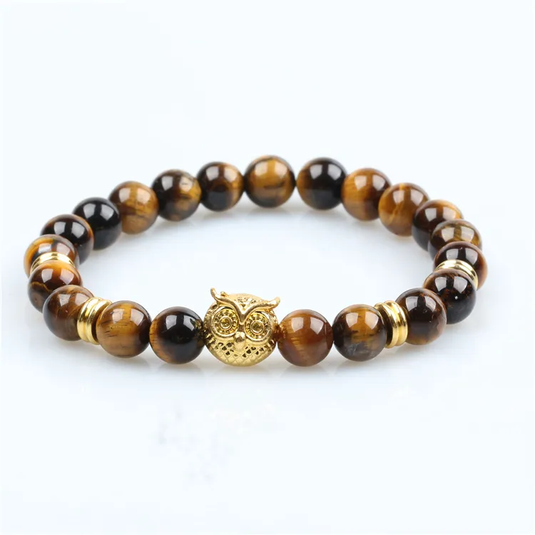 8mm gold-plated tiger eye beads for bracelets owl head bracelet natural tiger eye stone healing energy for men and women