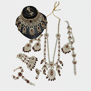 Conjunto de Joyería Étnica de Moda para Novia, Chapado en Rodio, con Circonitas, Collar Gargantilla, Pendientes y Maang Tikka de Alta Calidad - Product Image 2