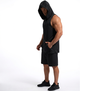 Men's <b>Black</b> Hooded Sleeveless <b>Tank</b> <b>Top</b> With Pockets Quick Dry Sporty Fit Knitted Mesh Gym Vest - Product Image 1