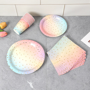 Hanlin Disposable Party Tableware Set Paper Plates Cups Napkins Rainbow Gold Dots Pattern For Party - Product Image 3