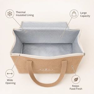 Bolsa Térmica Reutilizable de Yute con Aislamiento de Aluminio, Gran Capacidad, con Cierre y Asa de Cinta, para Compras o Picnic, Mantiene la Comida Fría o Caliente - Product Image 2