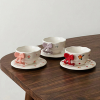 Ensemble tasse à café et soucoupe en céramique peinte à la main style Ins 220 ml avec poignée nœud papillon, 4 styles disponibles pour le thé de l'après-midi