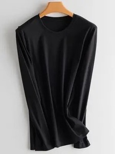Women Solid T <b>Shirts</b> Silk Cotton Blend Plain O neck Long Sleeved <b>Tee</b> 2025 Spring Autumn Basic Top White <b>Black</b> - Product Image 3