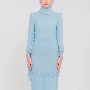 Elegant Muslim Kebaya Women Fashion Abaya Modern Baju Kurung Malaysia Polyester Adults Sets Casual Modern Pleat Baju Kurung
