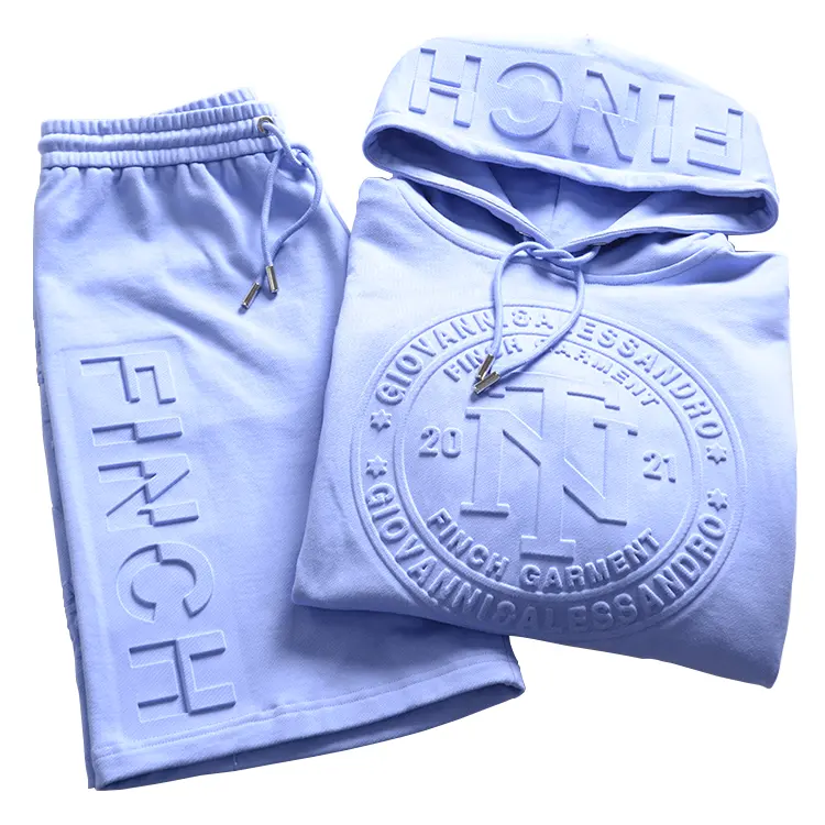 Conjunto de moletom e shorts em relevo de algodão pesado para homens, roupa Finch personalizada 100% algodão