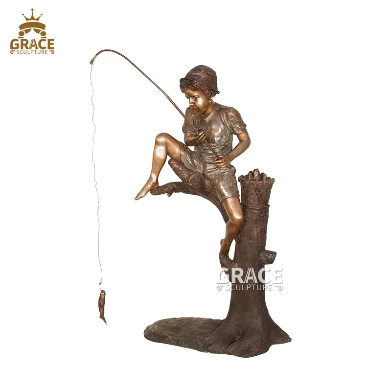 Brass Kid Bronze Fishing Child Sculpture Statue in a Tree