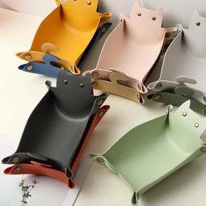 Cute Cat Shape Leather Storage Tray In Teal Pink Brown Red Colors Handmade Home Decor Accessory - Product Image 2