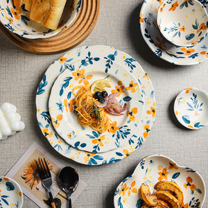 Ensemble de vaisselle en céramique de style japonais, bols à soupe, assiettes, <span class=keywords><strong>série</strong></span> fleur de prunier, motif floral, bord ondulé, pour la maison, le restaurant - Product Image 1