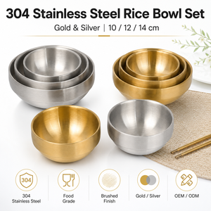 Juego de tazones para arroz de acero inoxidable 304, estilo coreano, doble pared, color oro y plata, para servir comida en casa o en restaurantes. - Product Image 1