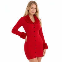 Robe moulante chic et tendance pour femme, rouge, côtelée, automne-hiver, col à revers, manches longues, faux boutons sur le devant, mélange de viscose, personnalisable avec LOGO