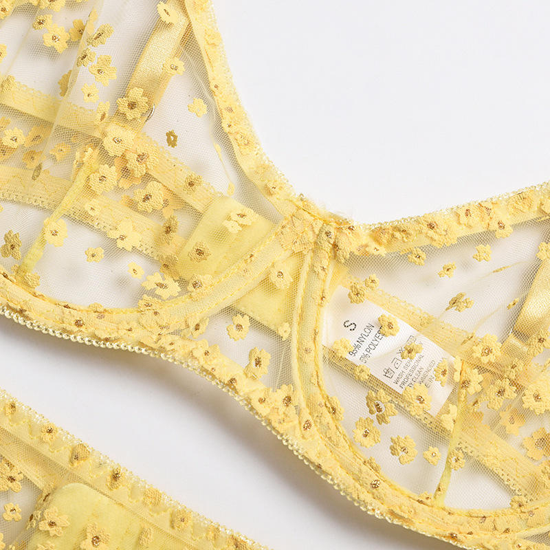 Floral Solid Color Sexy Lingerie Garter Three Piece Sets Ruffle Mesh Thin Sexy Lingerie Sets For Women