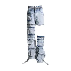 Cool New Fashion Streetwear Sexy Unique Pants Blue Patchwork Disassembly Baggy Cargo Zipper Jeans Denim Jeans Pants For Women