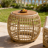 Table d'appoint extérieure en rotin tressé, table ronde de patio avec plateau en bois d'acacia pour jardin, cour, balcon