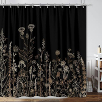 Rideau de douche noir floral rustique Boho, feuilles d'aquarelle vintage avec fleurs rideau de douche de décoration de salle de bain avec crochets